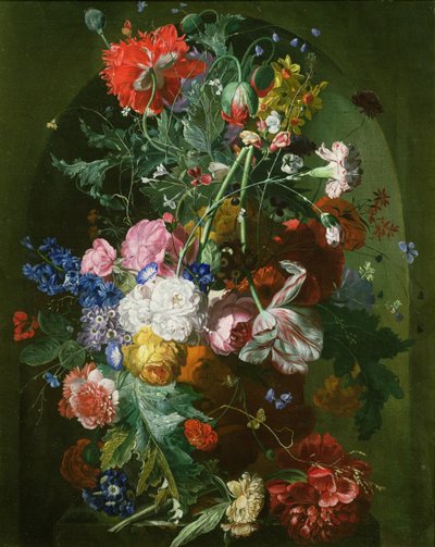 Stilleven van bloemen in een terracotta vaas in een nis door Dutch School