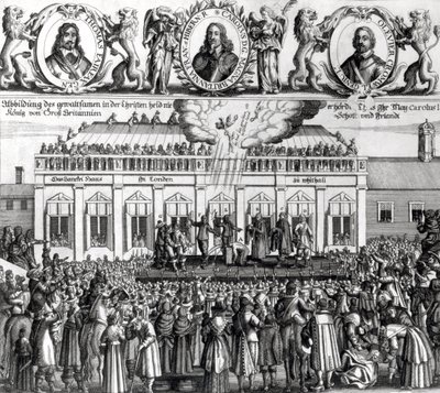 De onthoofding van koning Karel I (1600-49) 1649 (gravure) door Dutch School