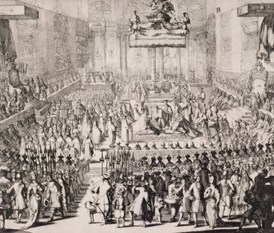 De Kroning van Willem van Oranje (1650-1702) en Mary (1662-94), in Westminster Abbey, 21 april 1689 door Dutch School