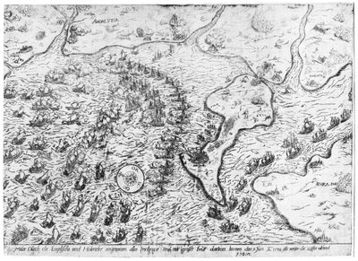 De Engelse en Nederlandse strijdmacht tegenover de Spaanse vloot in de haven van Cadiz in 1596 door Dutch School