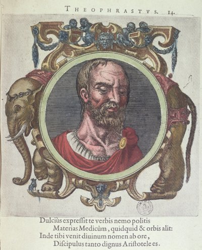 Theophrastus (c.372-287 v.Chr.), illustratie uit Veterum et Recentium Medicorum Philosophorumque Icones door Johannes Sambucus, gepubliceerd door Plantin in Leiden 1603 door Dutch School
