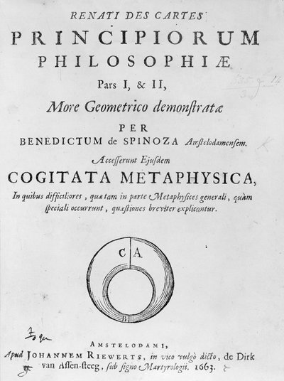 Titelpagina van Renati Descartes principiorum philosophie door Baruch Spinoza, gepubliceerd in 1663 door Dutch School