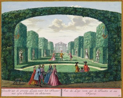 Uitzicht vanaf de groene loggia naar het theater, uit Het Zegenpralent Kennemerlant, door Hendrick de Leth en Matthias Brouerius Van Nidek, gepubliceerd ca. 1700-1730 door Dutch School