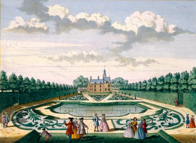 Uitzicht op Adrichem House met de tuin en grote vijver, uit Het Zeganpralent Kennemerlant door Hendrick de Leth en Matthias Brouerius Van Nidek, gepubliceerd ca. 1700-1730 door Dutch School
