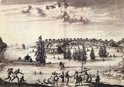 Uitzicht op de haven en stad Galle, gepubliceerd in Amsterdam 1676 door Dutch School
