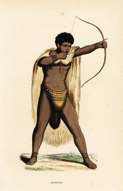 Khoikhoi man in dierenhuid cape, met kralen lendendoek, boog en pijlen door Duverger Duverger
