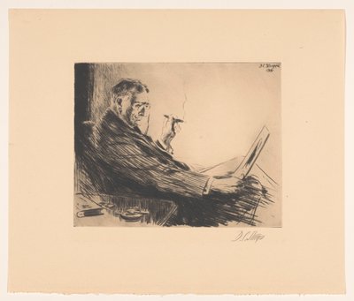 Man bekijkt een prent met een sigaar in zijn hand door Dwight Case Sturges (signed by artist)