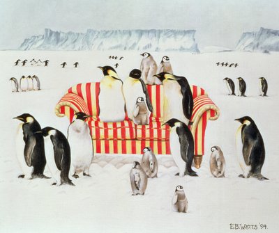 Pinguïns op een rood-witte bank door E.B. Watts