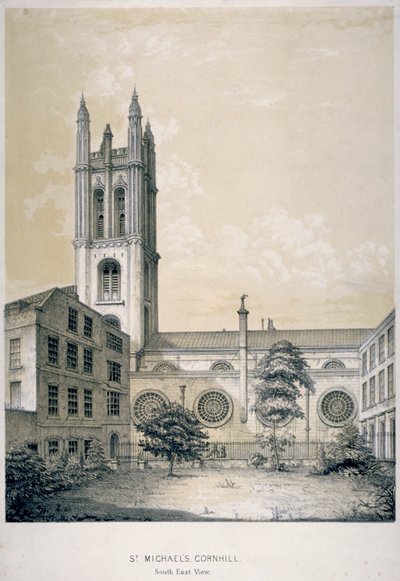 Zuidoostelijk uitzicht op de kerk van St. Michael, Cornhill, City of London, 1840 door EJ Dickinson