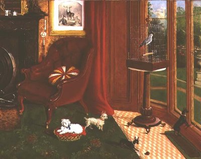 Interieur met terriërs en een papegaai in een kooi door E.M. Fox