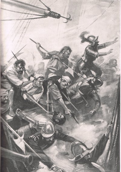 De Engelsen verdrijven de Spanjaarden bij San Juan de Ulua, illustratie uit 