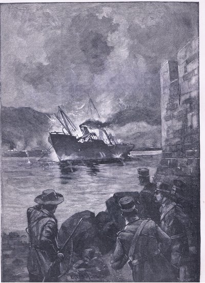 De Spaans-Amerikaanse Oorlog: Het zinken van de Merrimac, illustratie uit Cassells Geschiedenis van Engeland, 1900s door E.S. Hodgson