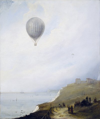 Luchtballon boven kliffen, Dover, 1840 door E.W. Cocks