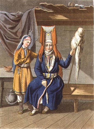 Votyak Vrouwen aan het Spinnewiel, gegraveerd door Jegor Skotnikoff (litho) door E. (after) Karnejeff