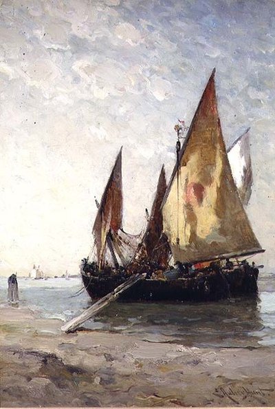 Vissersboten aangemeerd op het strand door E. Aubrey Hunt