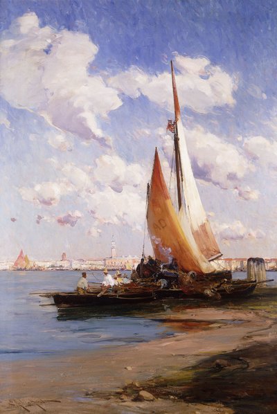 Vissersvaartuig met de Rivere degli Schiavoni, Venetië, op de achtergrond door E. Aubrey Hunt