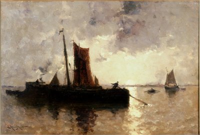 Rivierscène met schepen door E. Aubrey Hunt