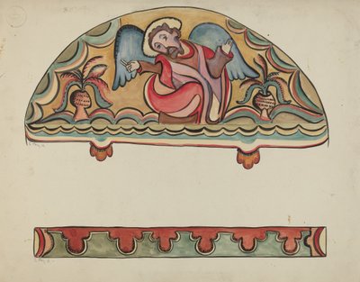 Lunet en detail van altaar kerk bij Sanctuario, Chimayo, 1935-1942 door E. Boyd