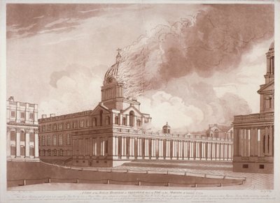 Uitzicht op de brand in Greenwich Hospital, Londen, op de ochtend van 2 januari 1779 door E Edye