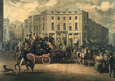 "The Age" Brighton Koets bij de Bull and Mouth, Regent Circus (gravure) door E. F. Lambert