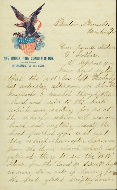 Brief ondertekend door E.G. Black, Benton Barracks, Mo., aan zijn ouders, zus en broers, 28 maart 1862 door E. G. Black