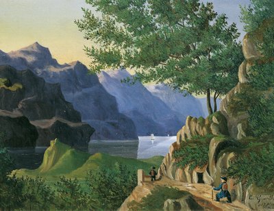 Bergmeer met wandelaar door E. Guenther