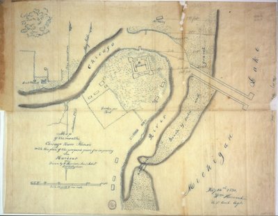 Kaart van de monding van de Chicago River, Illinois met het plan van de voorgestelde pieren voor de verbetering van de haven, 1830 door E. Harrison