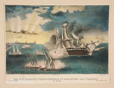 De Amerikaanse Fregat Philadelphia op de rotsen bij Tripoli (Uit het U.S. Military Magazine Army and Navy, Vol. II) door E. J. Pinkerton