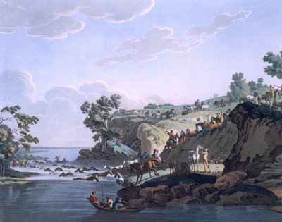 Paarden steken een rivier over, 1812-13 door E. Karnejeff