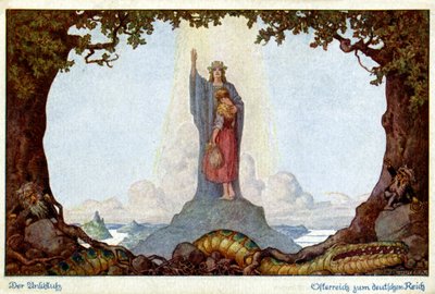 Geschiedenis. Unie van Oostenrijk en Duitsland. Allegorie door E. Kutzer, Oostenrijk, ca. 1920 (ansichtkaart) door E. Kutzer