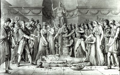 De Begrafenis van Jean Paul Marat in de Kapel van de Club des Cordeliers, 16 juli 1793 door E. Le Sueur