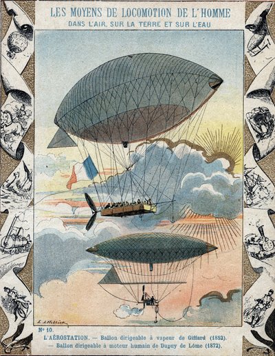 Luchtschip uitgevonden door Henri Giffard in 1852 en Navigeerbaar luchtschip uitgevonden door Dupuy de Lome in 1872 - Van een beschermhoes voor schoolboeken, eind 19e eeuw - Luchtschip door Henry Giffard (1825-1882) 1852 en de ballon haubanne door Henri Du door E. Letellier