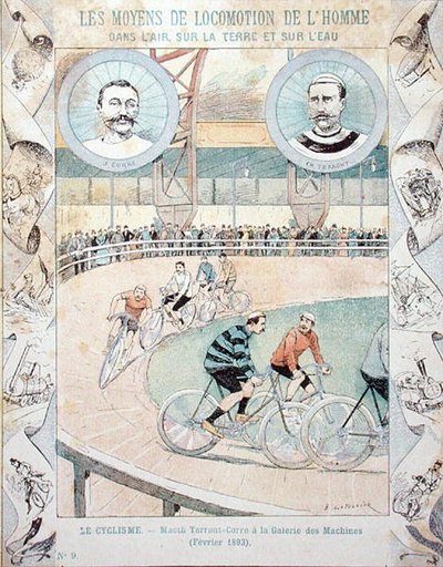 Charles Terront en Jules Corre in de Galerie des Machines in februari 1893, uit een schoolboek door E. Letellier
