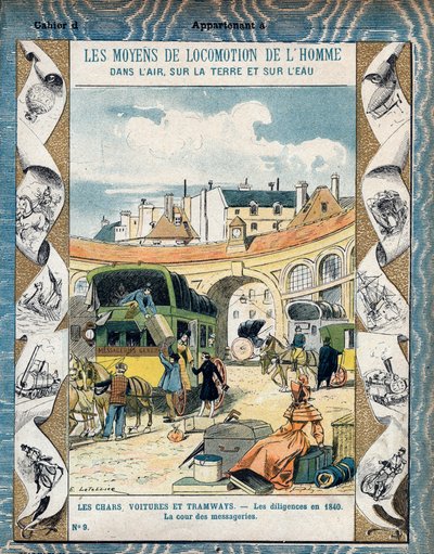 Diligence in 1840 - de binnenplaats van de koeriersdiensten - Stagecoach in 1840 - Van een beschermhoes voor schoolboeken, eind 19e eeuw - illustratie door E. Letellier - Bescherm historisch notitieboek, eind 19e eeuw door E. Letellier