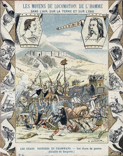 Gallische oorlogswagens bij de Slag om Gergovia - Van een beschermhoes voor schoolboeken, eind 19e eeuw - Tanks de guerre a faux - Vercingetorix bij de slag om Gergovia (52 v.Chr.) tijdens de oorlog van de Galliërs - illustratie door E Letellier - Bescherm door E. Letellier