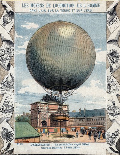 Operatie van inflatie en uitrusting van de gevangen ballon van Henry Giffard in de Tuilerieën in Parijs 1878 - Van een beschermhoes voor schoolboeken, eind 19e eeuw - illustratie door E Letellier - wereldtentoonstelling van 1878 in Parijs: inflatie van door E. Letellier