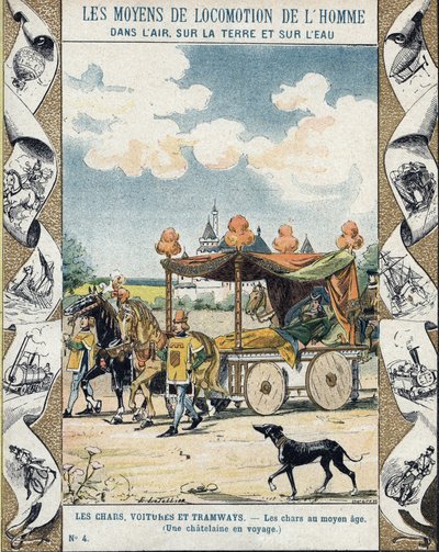 Tanks in de Middeleeuwen - Een kasteelvrouw op reis - illustratie door E Letellier - Beschermt historisch notitieboek, eind 19e eeuw door E. Letellier