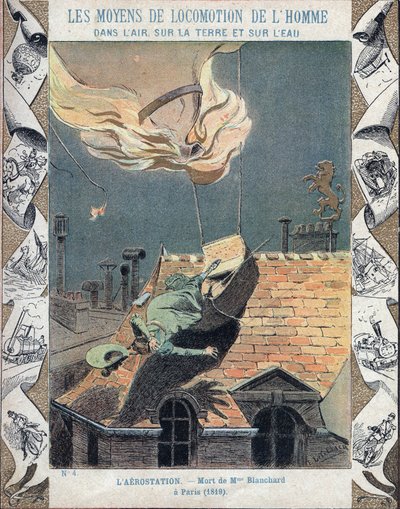 De dood van Marie Blanchard, vrouw van luchtvaartpionier Jean Pierre Blanchard, toen haar ballon vlam vatte tijdens een demonstratie boven Parijs, 6 juni 1819 - Van een beschermhoes voor schoolboeken, eind 19e eeuw - Dood van Madame Blanchard - op 16 juli  door E. Letellier