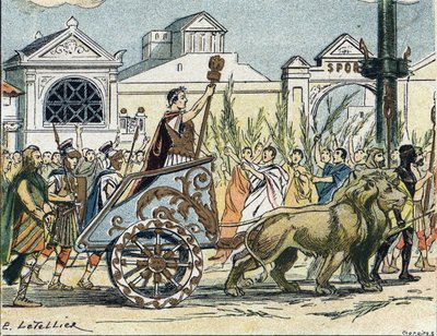 De triomftocht van Julius Caesar (Giulio Cesare of Caius Julius Caesar) politicus en Romeins schrijver door E. Letellier