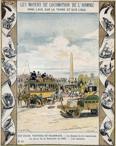 Verkeer op Place de la Concorde in Parijs in 1869: paardentram en 