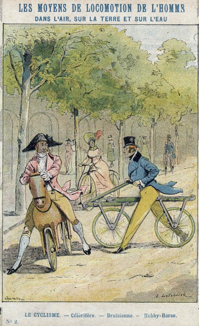 Velocipedes - Engelse celerifere - Draisienne, voorloper van de fiets - Van een beschermhoes voor schoolboeken, late 19e eeuw - illustratie door E Letellier - Celerifere - Draisienne - Hobby-Horse (Nobby Horse) - Bescherm historische notitieboek, eind 19e  door E. Letellier