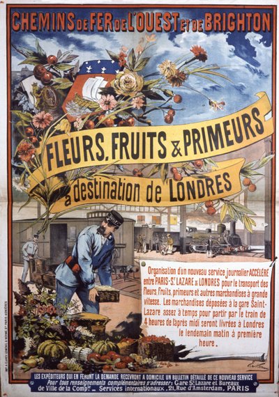 Transport per trein van Parijs naar Londen, eind 19e eeuw (poster) door E. Nerme