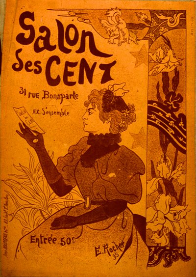 Een vrouw die een uitnodiging bekijkt, Salon des Cent door E. Rocher