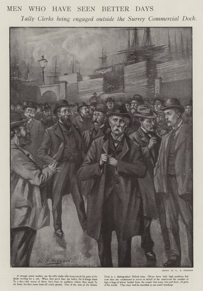 Mannen die betere dagen hebben gezien: tally clerks worden ingehuurd buiten de Surrey Commercial Dock, Londen door E. S. (after) Hodgson