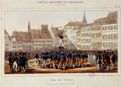 La danse des tonneliers tijdens de industriële optocht in Straatsburg op 25/06/1840. Lithografie van Simon door E. Simon