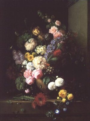 Stilleven van bloemen en druiven, 1843 door E. and Chazal Bruyere