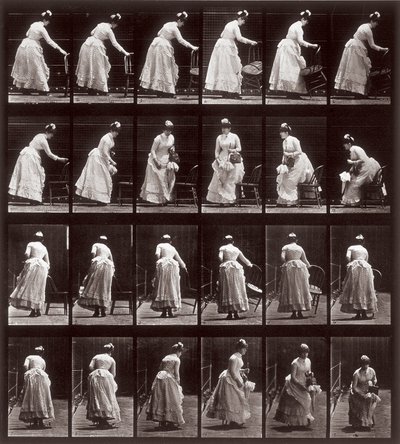 Dierenlocomotie, plaat 265: sequentie met een vrouw die gaat zitten, 1887 door Eadweard Muybridge