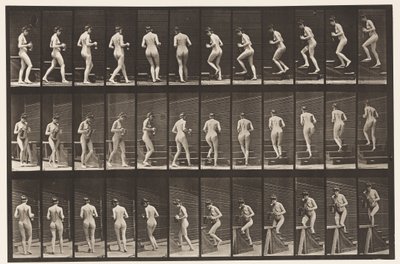 Plaat 103. Draaien en trap oplopen, kruik en beker in handen, 1872-1885 door Eadweard Muybridge
