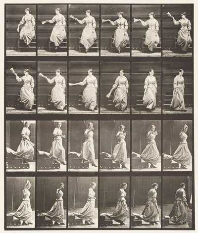 Plaat 140. Trap aflopen, rondkijken en waaier zwaaien door Eadweard Muybridge