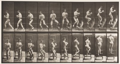 Plaat 151. Trapladder afdalen, omdraaien, steen in handen, 1872-1885 door Eadweard Muybridge